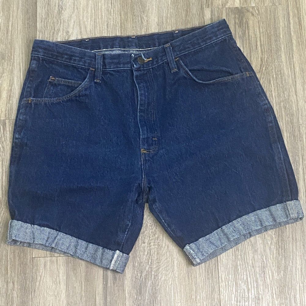 Rustler Rolled Cuff High Rise Dark Blue Wash Denim Shorts Drawstring Size 36
